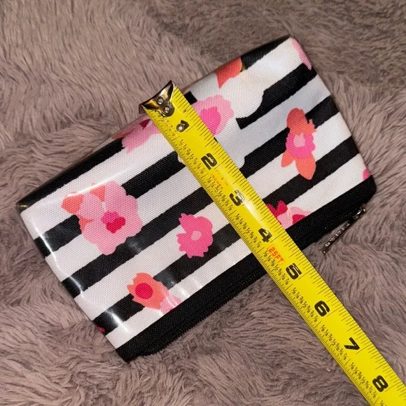 Floral Striped cosmetic makeup zipper closure Pouch pink black & white - Picture 5 of 5